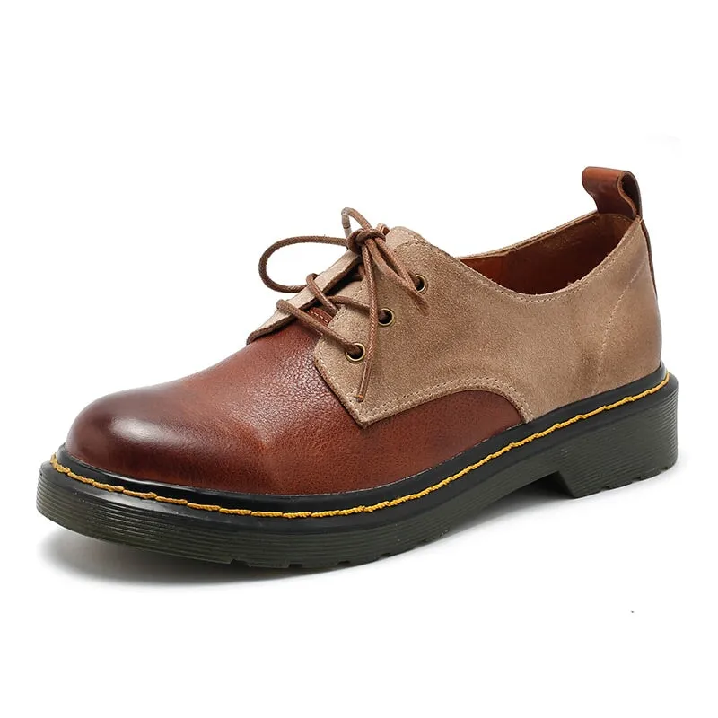 Women's Genuine Leather Lace Up Oxford Shoes Retro Color Blocking Style Best Cheap Oxfords