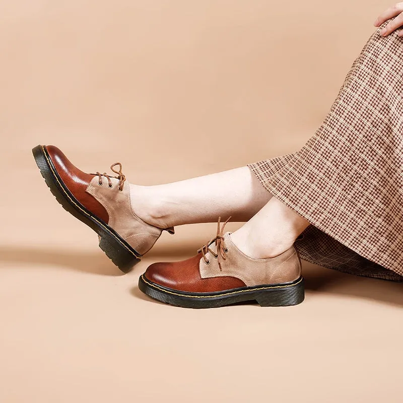 Gold Glitter Oxfords Shoes Women's Genuine Leather Lace Up Oxford Shoes Retro Color Blocking Style