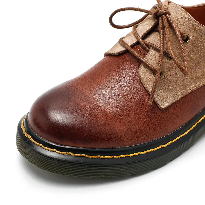 Women's Genuine Leather Lace Up Oxford Shoes Retro Color Blocking Style Retro Oxford Heels