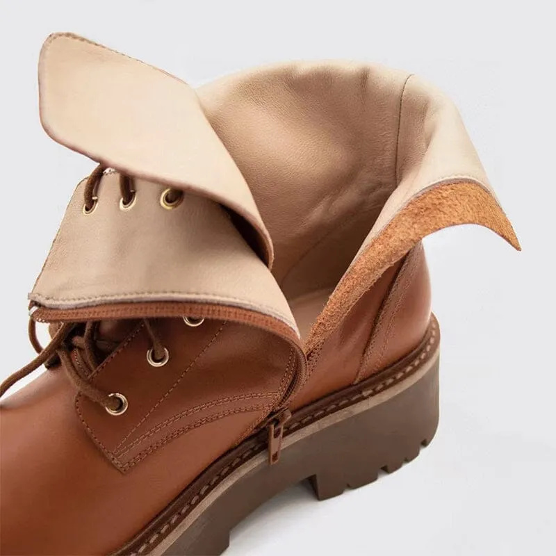 Women's Handmade High Lace-up Platform Boot All Genuine Leather in Brown/Black Originalgrand Wingtip Oxford