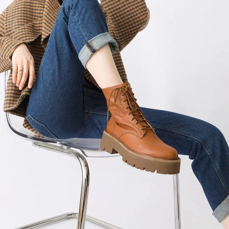 Women's Handmade High Lace-up Platform Boot All Genuine Leather in Brown/Black For Now Oxfords