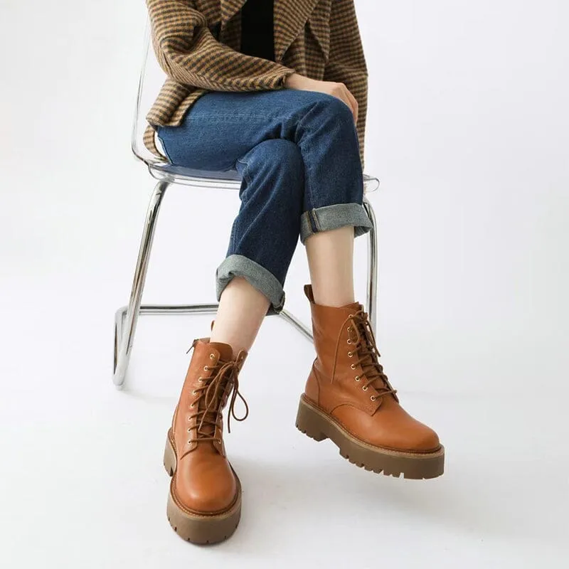 Women's Handmade High Lace-up Platform Boot All Genuine Leather in Brown/Black Oxford Or Loafer