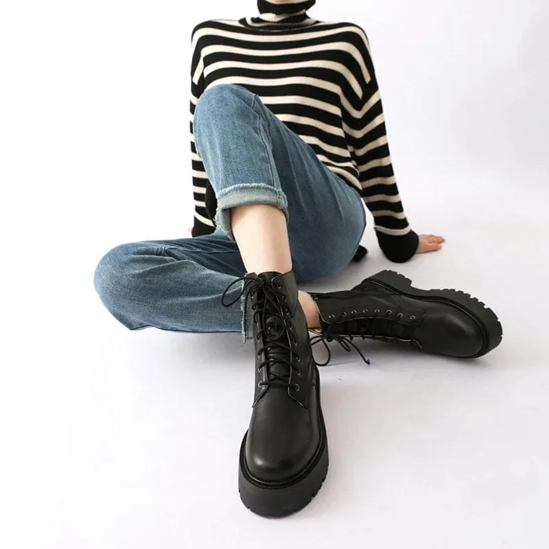 Oxford Laces Women's Handmade High Lace-up Platform Boot All Genuine Leather in Brown/Black