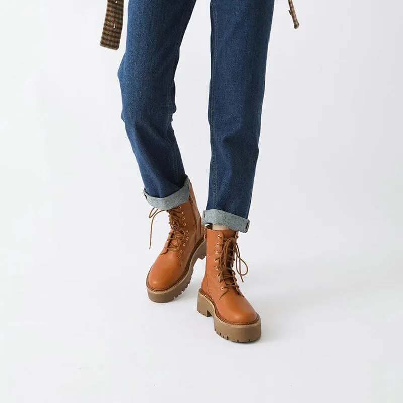 Chinos With Oxford Shoes Women's Handmade High Lace-up Platform Boot All Genuine Leather in Brown/Black