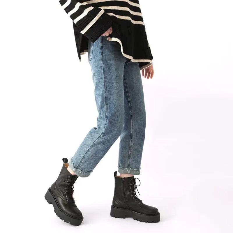 Women's Handmade High Lace-up Platform Boot All Genuine Leather in Brown/Black Classic Oxford Shoes