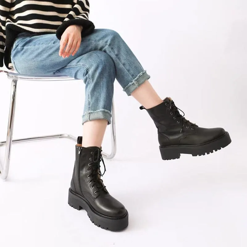 Women's Handmade High Lace-up Platform Boot All Genuine Leather in Brown/Black Elegant Oxford