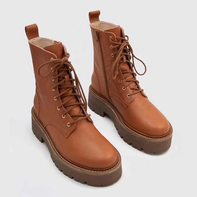 Leopard Oxfords Women's Handmade High Lace-up Platform Boot All Genuine Leather in Brown/Black