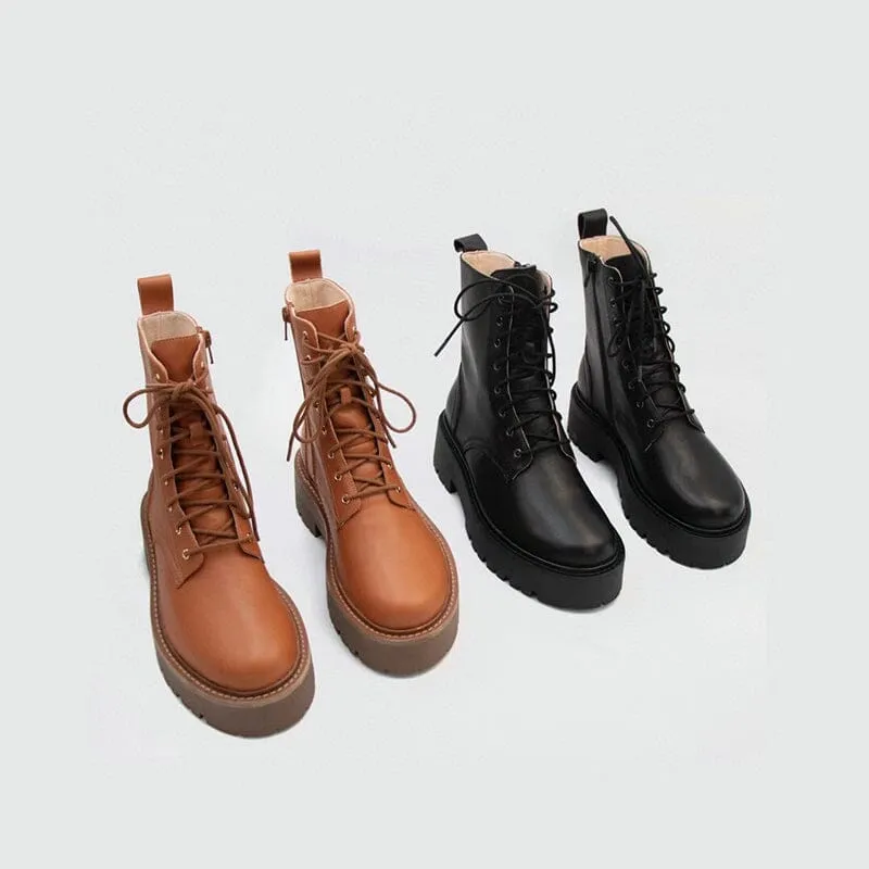 Women's Handmade High Lace-up Platform Boot All Genuine Leather in Brown/Black Oxford Tans