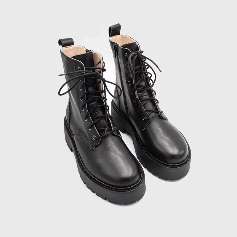 Women's Handmade High Lace-up Platform Boot All Genuine Leather in Brown/Black Print Oxfords