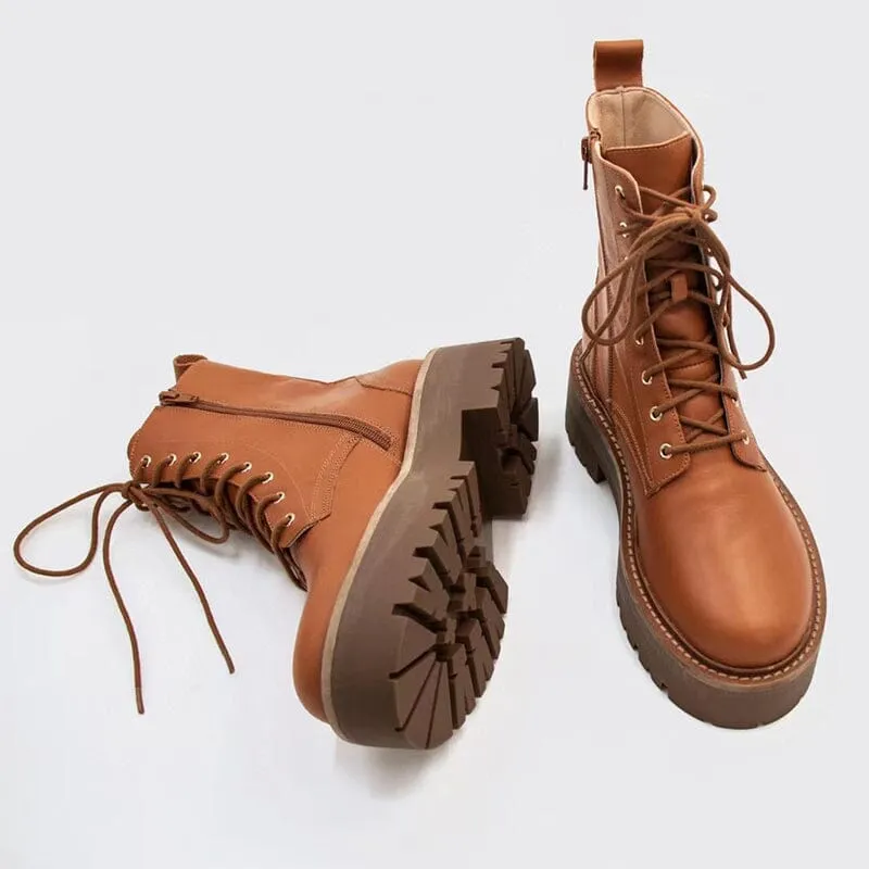 Women's Handmade High Lace-up Platform Boot All Genuine Leather in Brown/Black Carmina Oxford Shoes