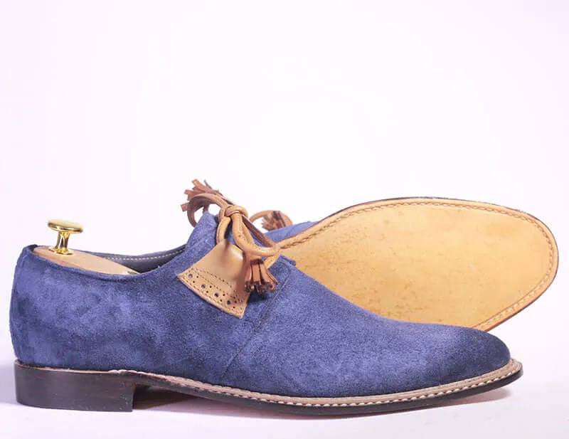 Party Dress Flat Shoes Handmade Men's Blue Suede Shoe, Men Designer Shoes, Men Lace Up Dress Shoes