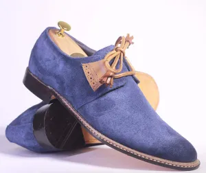 Vagabond Shoes Flats Handmade Men's Blue Suede Shoe, Men Designer Shoes, Men Lace Up Dress Shoes