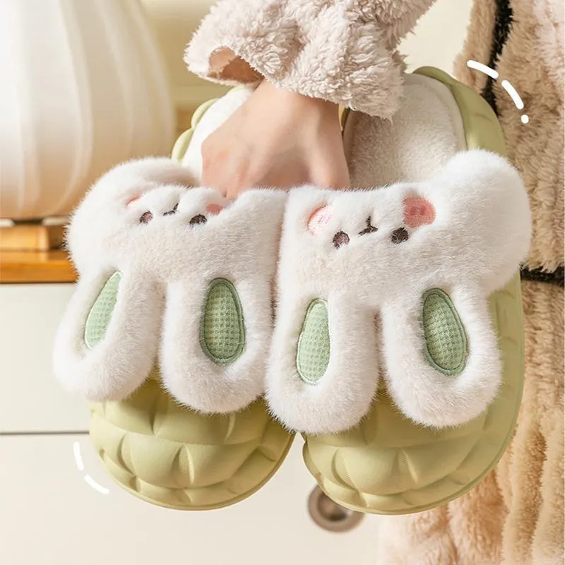 Rattan Slides Cute Rabbit Shoes Winter Fuzzy Slippers Women Detachable Washable House Shoes
