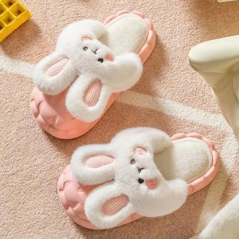 Denim Slides Cute Rabbit Shoes Winter Fuzzy Slippers Women Detachable Washable House Shoes