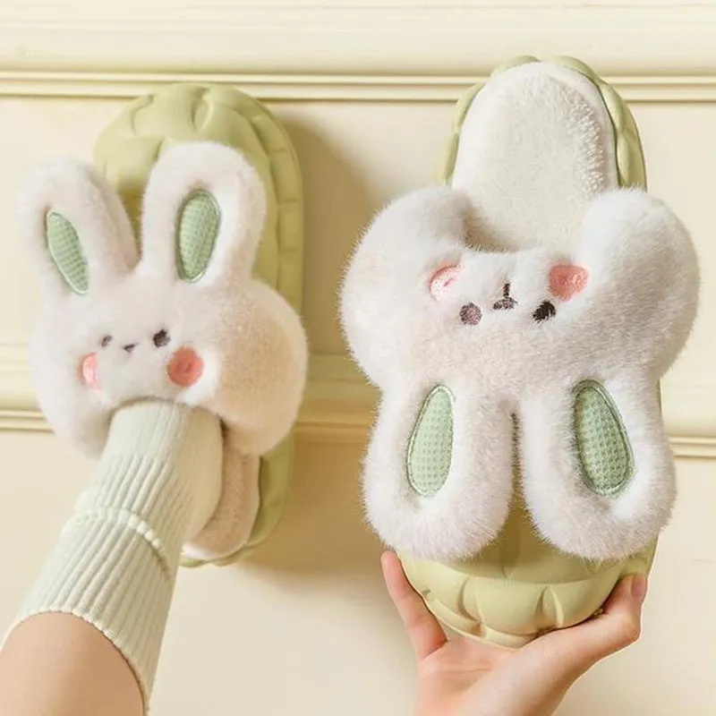Grendene Slippers Cute Rabbit Shoes Winter Fuzzy Slippers Women Detachable Washable House Shoes