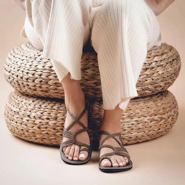 Plaka Taupe Palm Leaf Flat Sandal Loafers For Sale