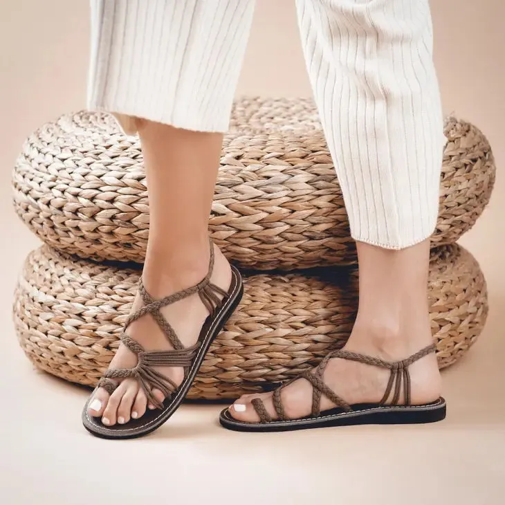 Wearing Loafers Without Plaka Taupe Palm Leaf Flat Sandal
