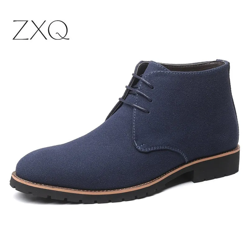 Plus Size 38-48 Black Blue Brown Men Boots Solid Casual Leather Autumn Winter Ankle Boots Male Suede Leather Men Shoes Biking Shoes Flats