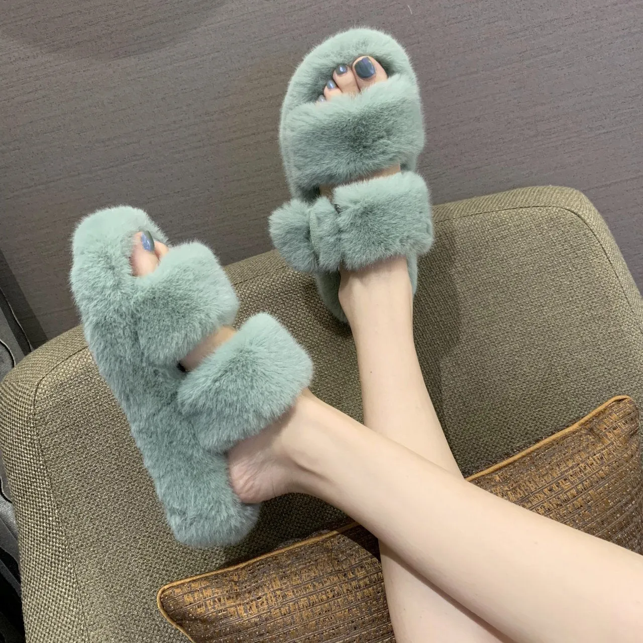 Slides Canvas Chicvane Women's Two Bands Faux Fur Platform House Indoor Or Outdoor Slippers