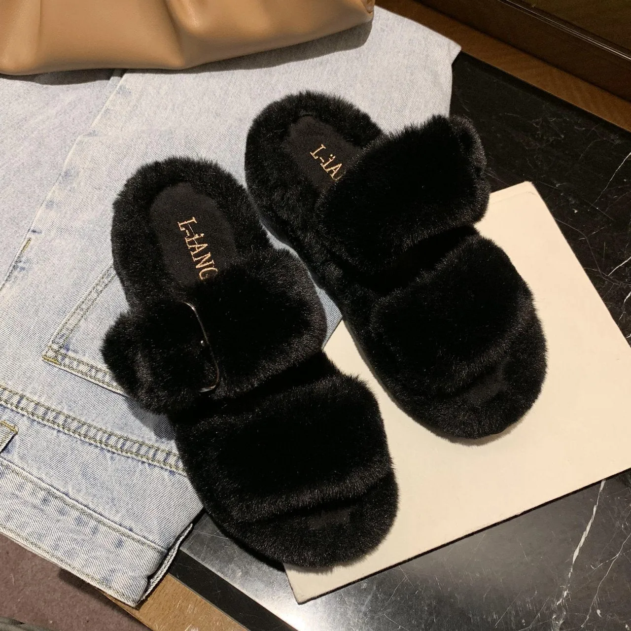 Chicvane Women's Two Bands Faux Fur Platform House Indoor Or Outdoor Slippers Slippers For Aching Feet