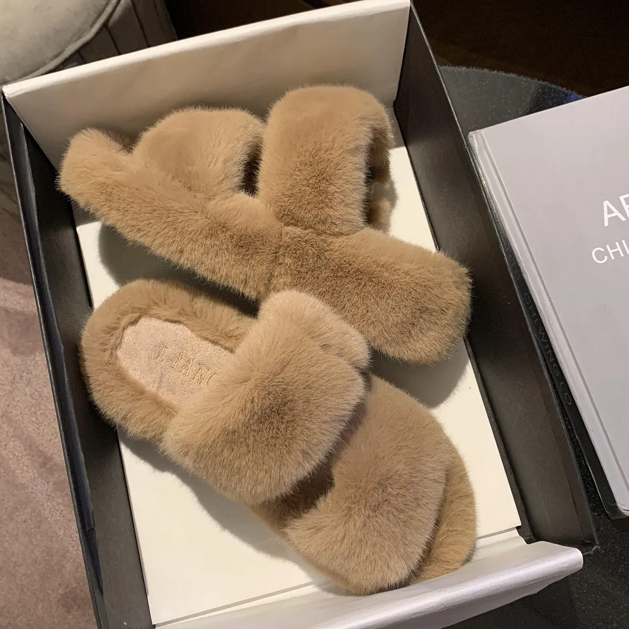 Chicvane Women's Two Bands Faux Fur Platform House Indoor Or Outdoor Slippers Platform Slide Heels