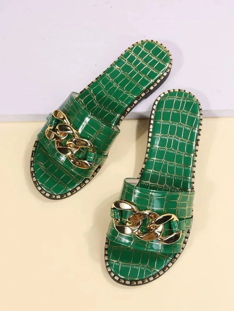 Fashion Sexy Chain Lock Roman Style Flat Outdoor  Sandals Slippers With A Bow