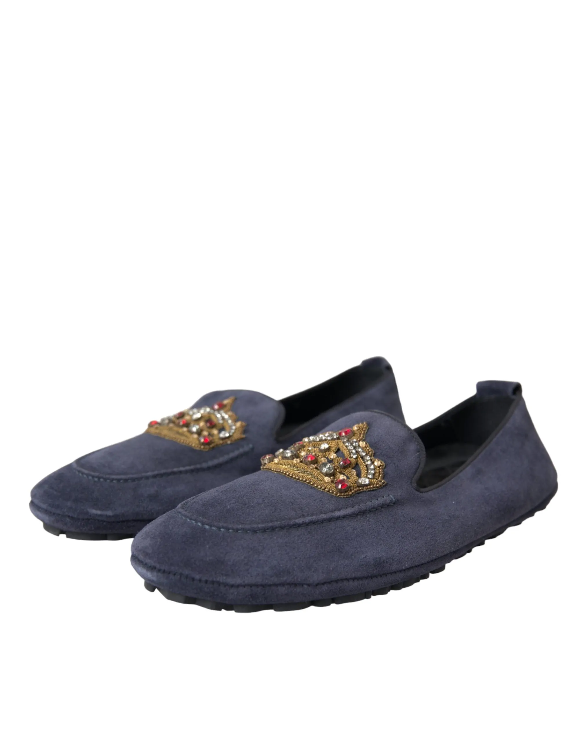 Eleanor Loafers Dolce & Gabbana Blue Leather Suede Crystal Crown Loafers Shoes