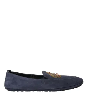 Light In Loafers Dolce & Gabbana Blue Leather Suede Crystal Crown Loafers Shoes