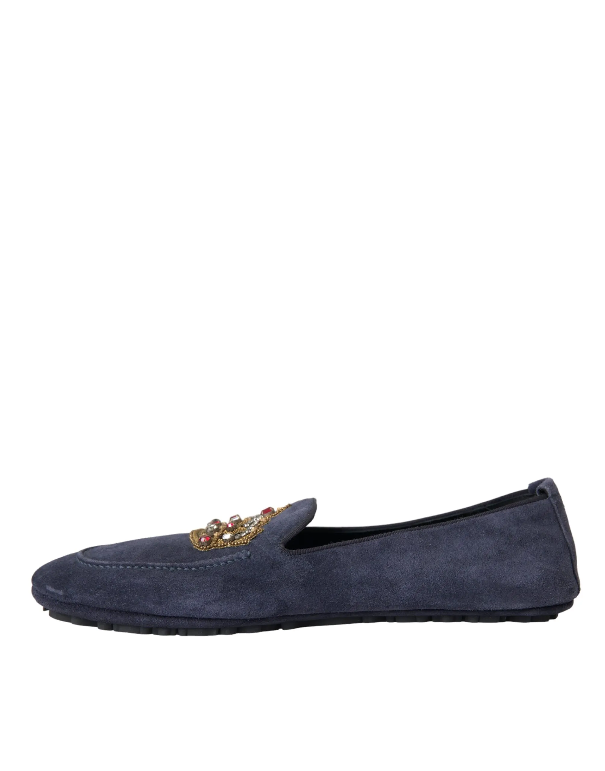 Elaina Loafers Dolce & Gabbana Blue Leather Suede Crystal Crown Loafers Shoes