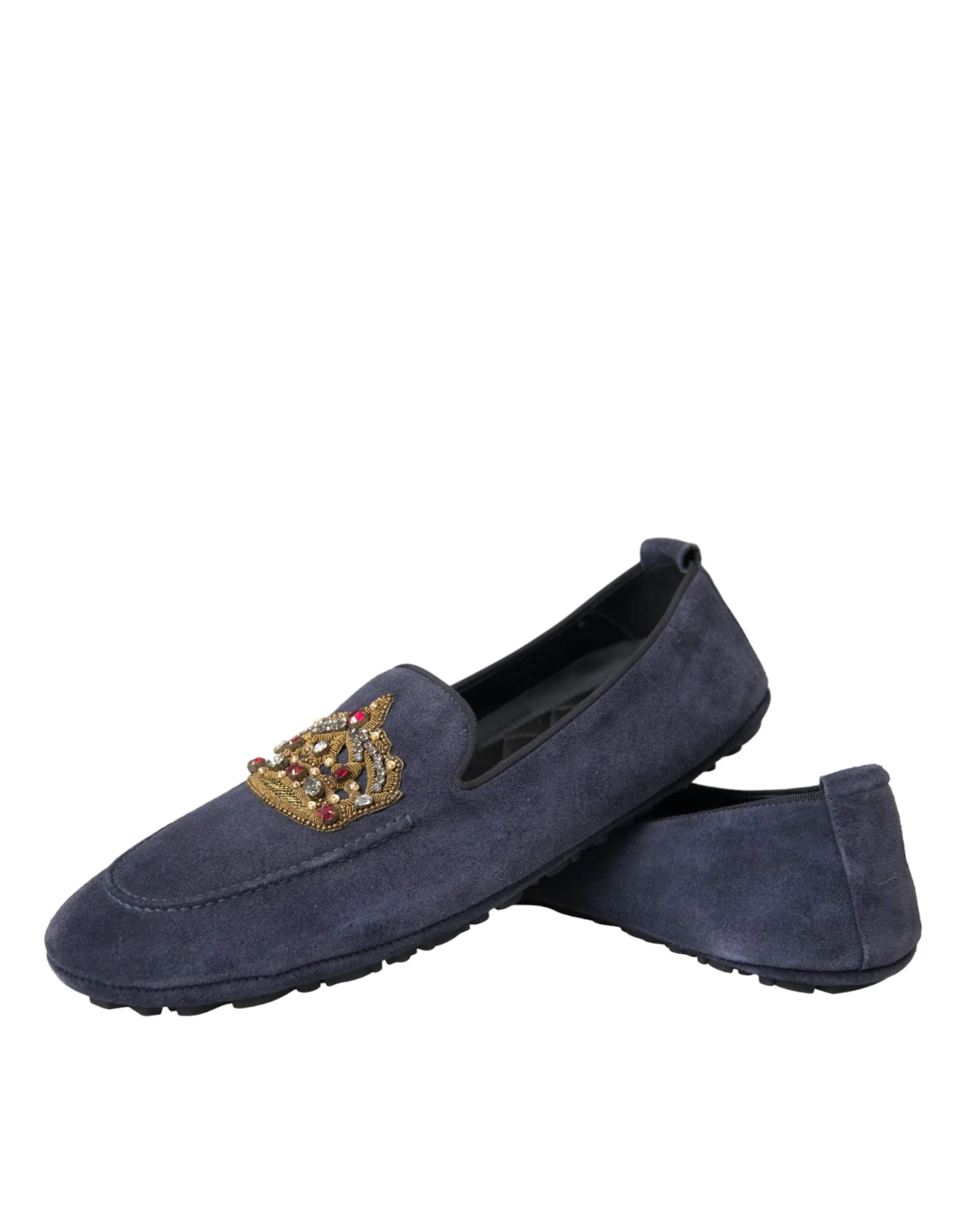 Dolce & Gabbana Blue Leather Suede Crystal Crown Loafers Shoes Zagreb Leather Loafers