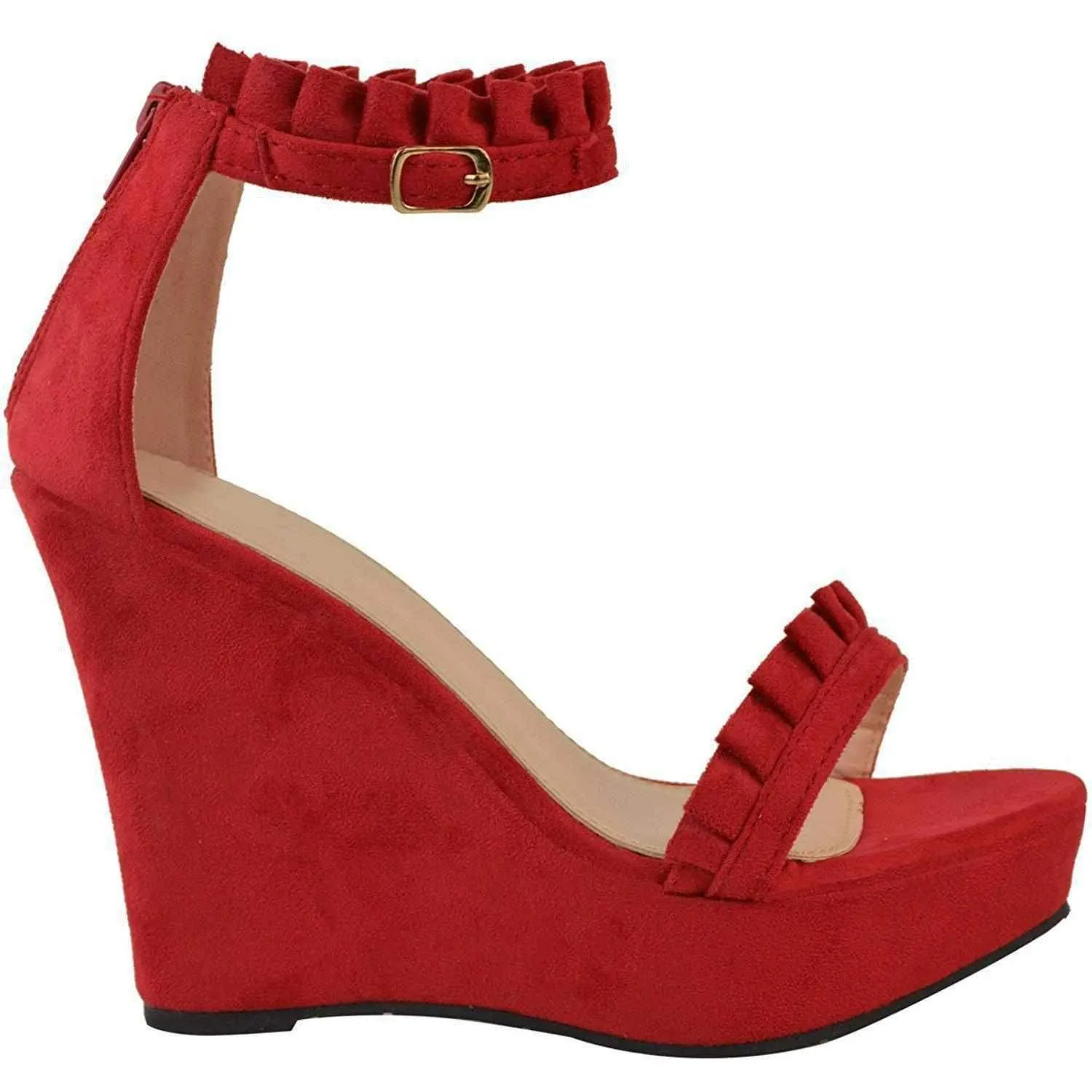 Salt Sea Sandals Sexy Red Faux Suede Ruffled High Heel Platform Wedge Wedding Sandals