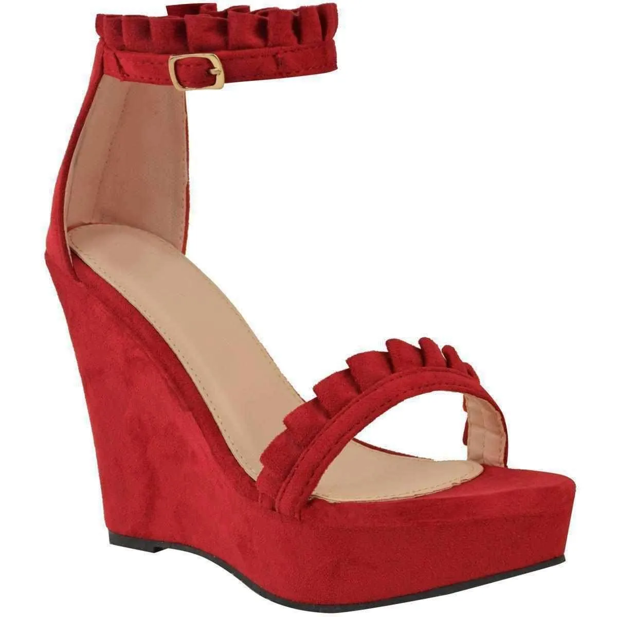 Support Inserts For Sandals Sexy Red Faux Suede Ruffled High Heel Platform Wedge Wedding Sandals