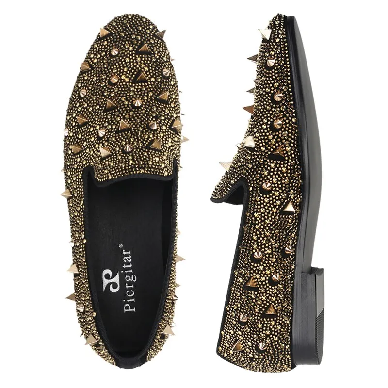 Gold Crystals And Studs Mens Loafers Handmade Slip-On Moccasin Shoes Pineapple Slippers