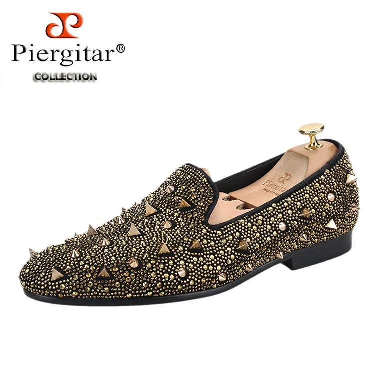 Needle Felted Slippers Gold Crystals And Studs Mens Loafers Handmade Slip-On Moccasin Shoes