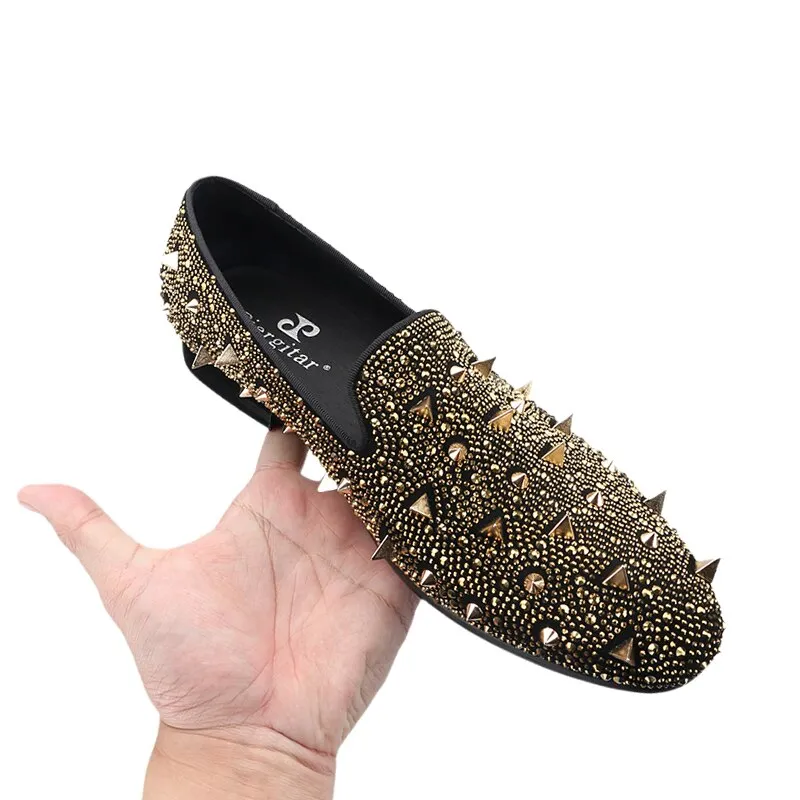Gold Crystals And Studs Mens Loafers Handmade Slip-On Moccasin Shoes Easy Slippers Crochet