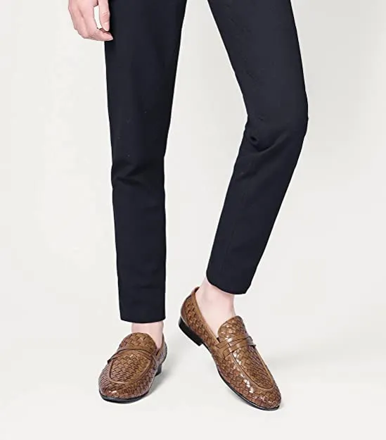 Men's Woven Penny Loafers Brown Black Lacing Up Work Boots