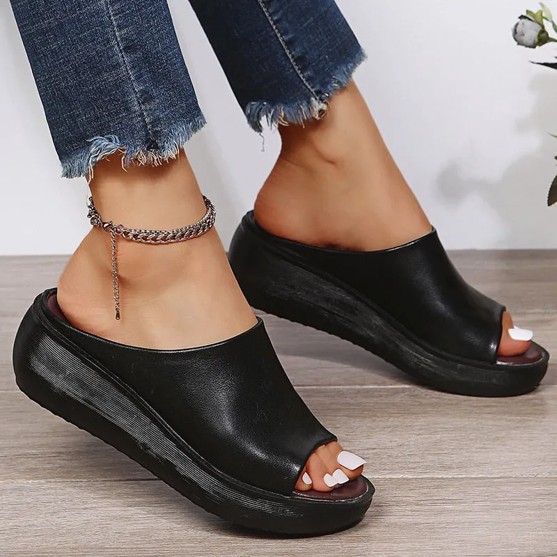 Purpdrank - Women Sandals Peep Toe Platform Sandals For Summer Shoes Women Wedge Sandal Soft Bottom Heels Slippers Women Summer Footwear Eurythmy Slippers