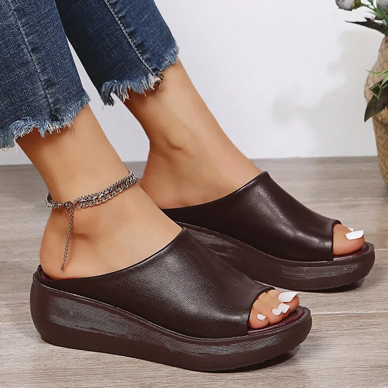 Purpdrank - Women Sandals Peep Toe Platform Sandals For Summer Shoes Women Wedge Sandal Soft Bottom Heels Slippers Women Summer Footwear Toeless House Slippers