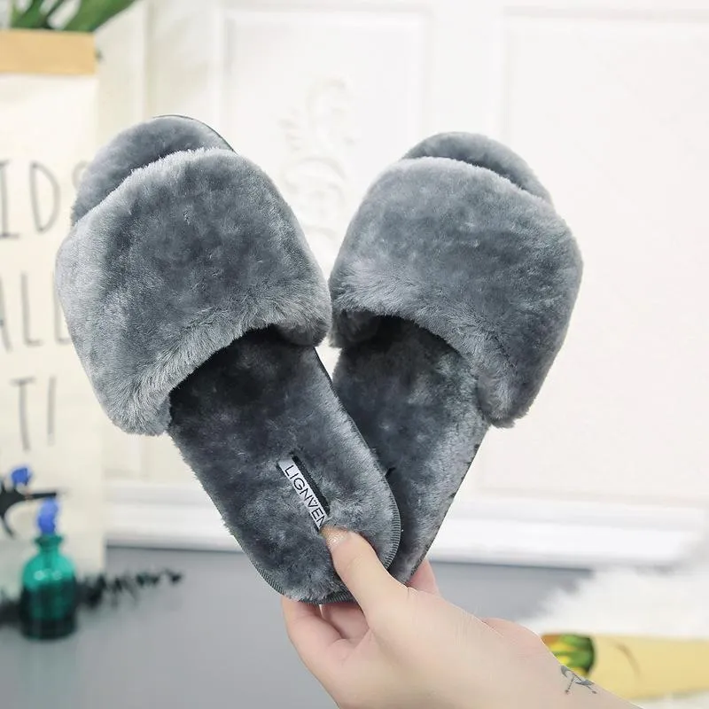 Ruby Slippers Original Chicvane Womens Solid Faux Fur Open Toe Fluffy Slide On House Slipper