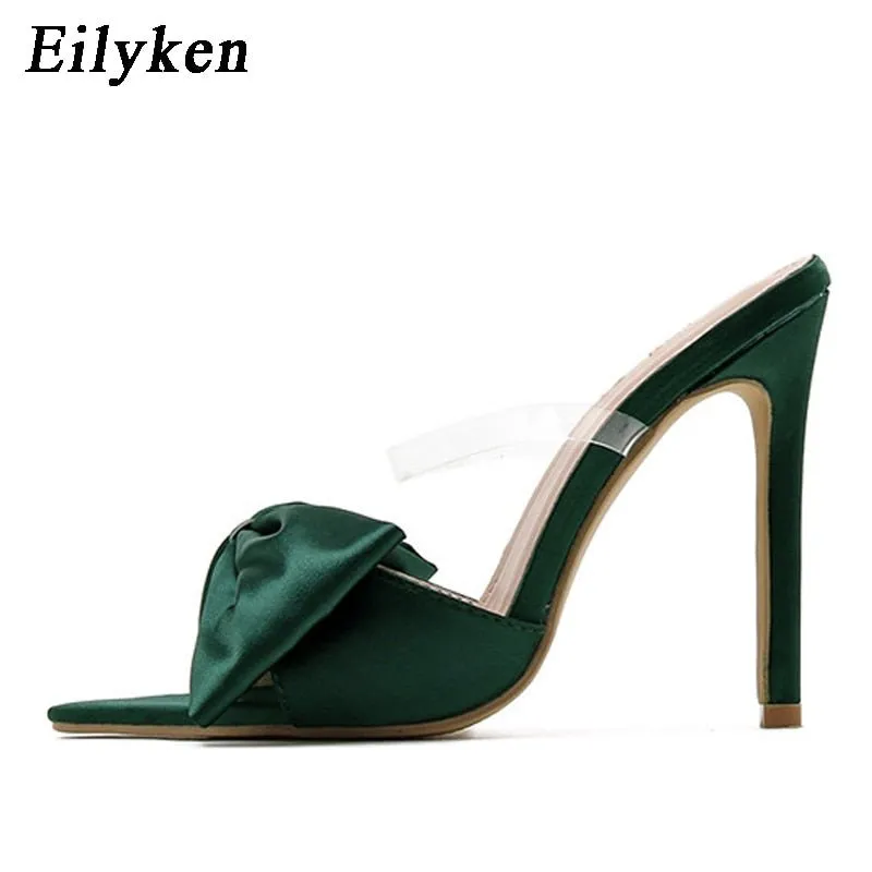 Eilyken Silk Butterfly-knot Slippers Mule High Heels Women Sandals Flip Flops Pointed toe Strappy Slides Party Shoes Dog Face Slippers