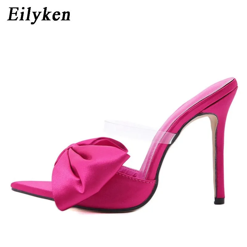 Slippers Suede Sole Eilyken Silk Butterfly-knot Slippers Mule High Heels Women Sandals Flip Flops Pointed toe Strappy Slides Party Shoes