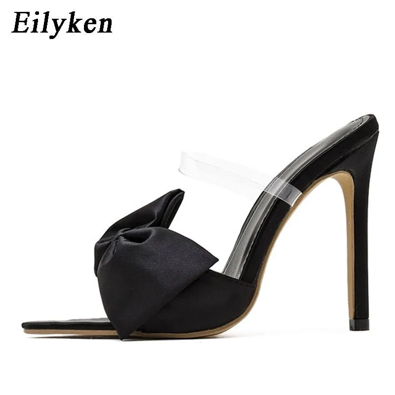 Slippers Mop Cleaning Eilyken Silk Butterfly-knot Slippers Mule High Heels Women Sandals Flip Flops Pointed toe Strappy Slides Party Shoes