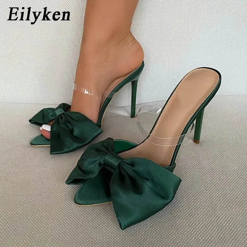 Eilyken Silk Butterfly-knot Slippers Mule High Heels Women Sandals Flip Flops Pointed toe Strappy Slides Party Shoes Loafers Slippers