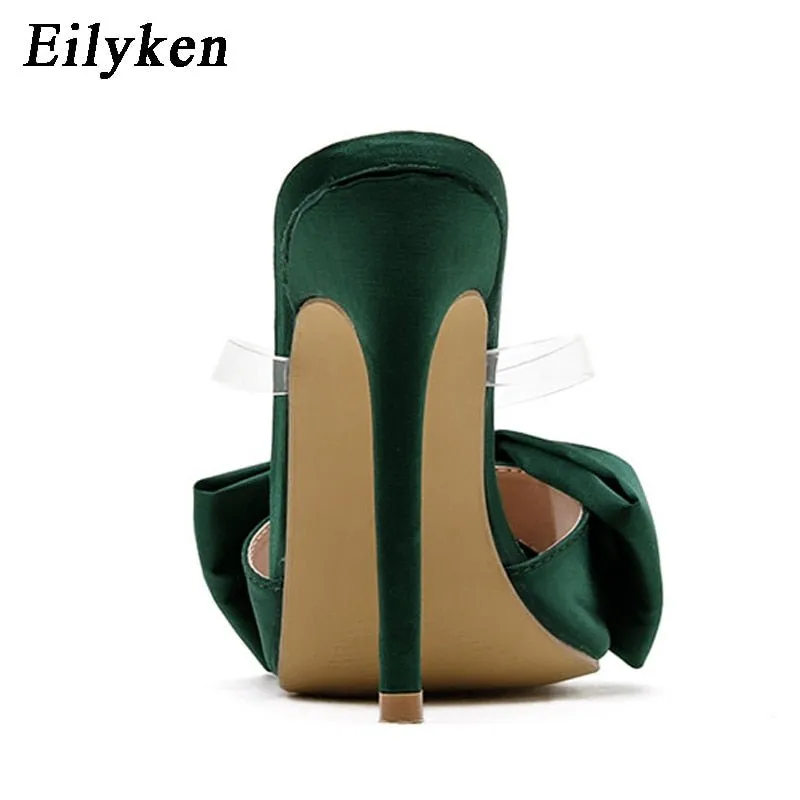 Slippers Australia Eilyken Silk Butterfly-knot Slippers Mule High Heels Women Sandals Flip Flops Pointed toe Strappy Slides Party Shoes