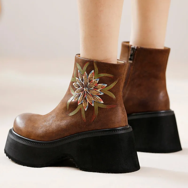 Long Sleeve Oxford Shirts Retro Boots For Women Leather Platform Boots Hand Painted Flower Decoration Coffee/Black