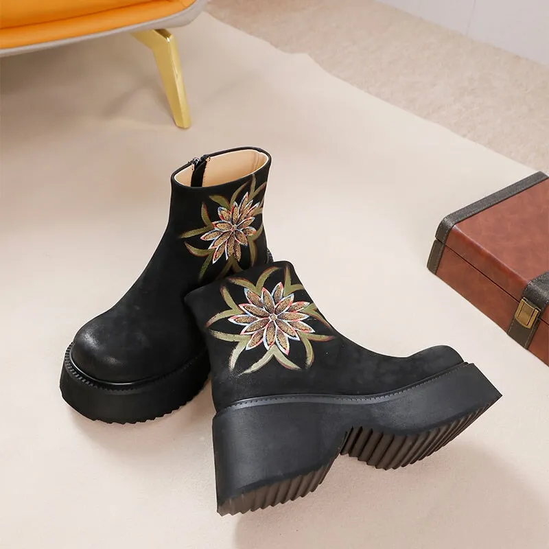Oxford Blue Retro Boots For Women Leather Platform Boots Hand Painted Flower Decoration Coffee/Black