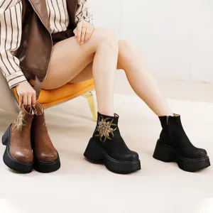 Classic Oxford Shoes Retro Boots For Women Leather Platform Boots Hand Painted Flower Decoration Coffee/Black