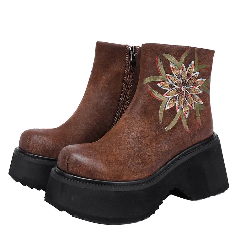 Retro Boots For Women Leather Platform Boots Hand Painted Flower Decoration Coffee/Black Ralph Lauren Oxford Shirt