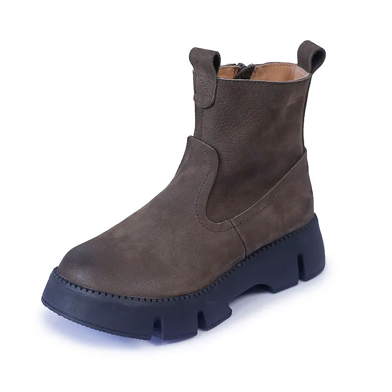 Oxford Leather Dress Shoes Retro Cowhide Chunky Martin Boots Women Comfy Zip Walking Boots Gray/Apricot