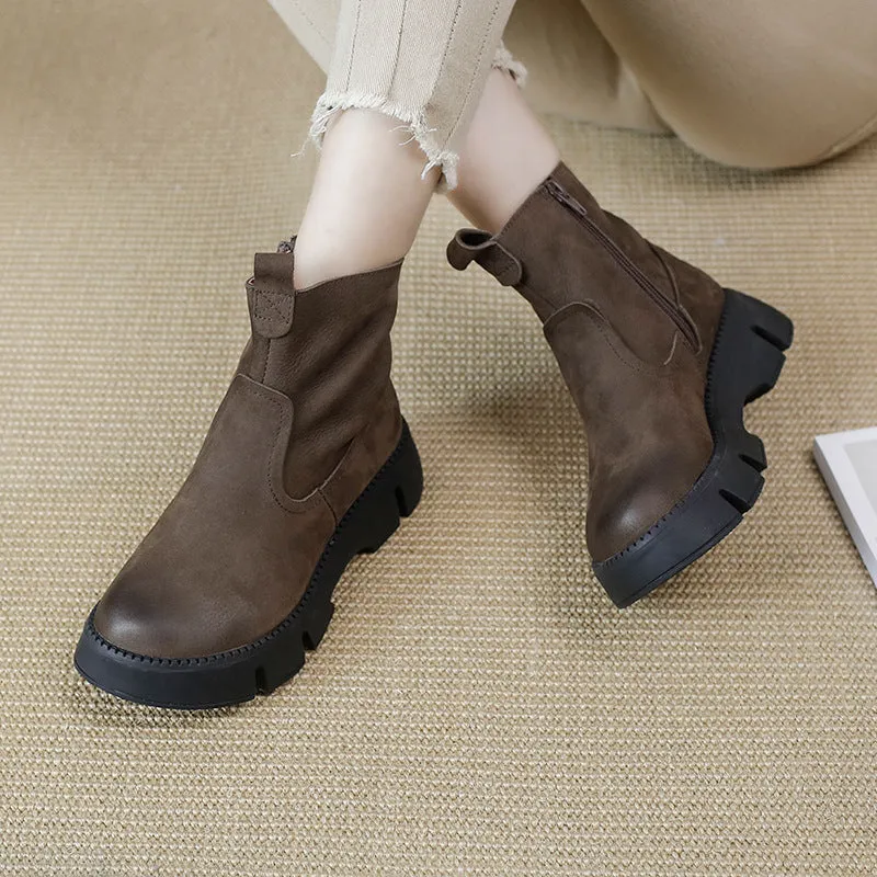 Patent Leather Oxford Retro Cowhide Chunky Martin Boots Women Comfy Zip Walking Boots Gray/Apricot